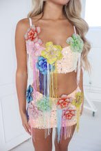 Load image into Gallery viewer, The BLOSSARA Top and Skirt with Multicolour 3D Embellished Flowers and Beaded Tassles