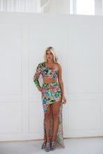 Load image into Gallery viewer, The ROSARA Top and Skirt in Printed Sequin with Green Safety Pin Features