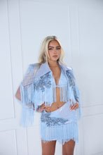 Load image into Gallery viewer, The THARA Cropped Blazer, Skirt and Bikini Top in Denim with Embellishments and Fringing details (Blue)