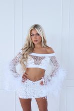 Load image into Gallery viewer, The FLORINE Top and Skirt with Feather Details - Beaded White Sequin