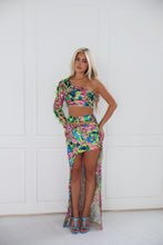 Load image into Gallery viewer, The ROSARA Top and Skirt in Printed Sequin with Green Safety Pin Features