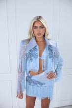 Load image into Gallery viewer, The THARA Cropped Blazer, Skirt and Bikini Top in Denim with Embellishments and Fringing details (Blue)